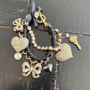 Betsey Johnson Black Ribbon Crystal Charm Bracelet with Aurora Hearts & Bow
